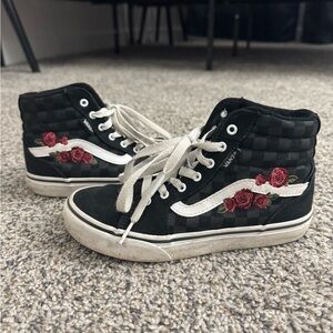 Vans Black Checkered High-Tops with Red Rose Detail
